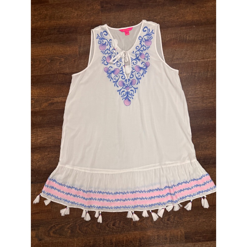Lilly Pulitzer L White Embroidered Seashell Tassel Shift Dress Resort Coastal